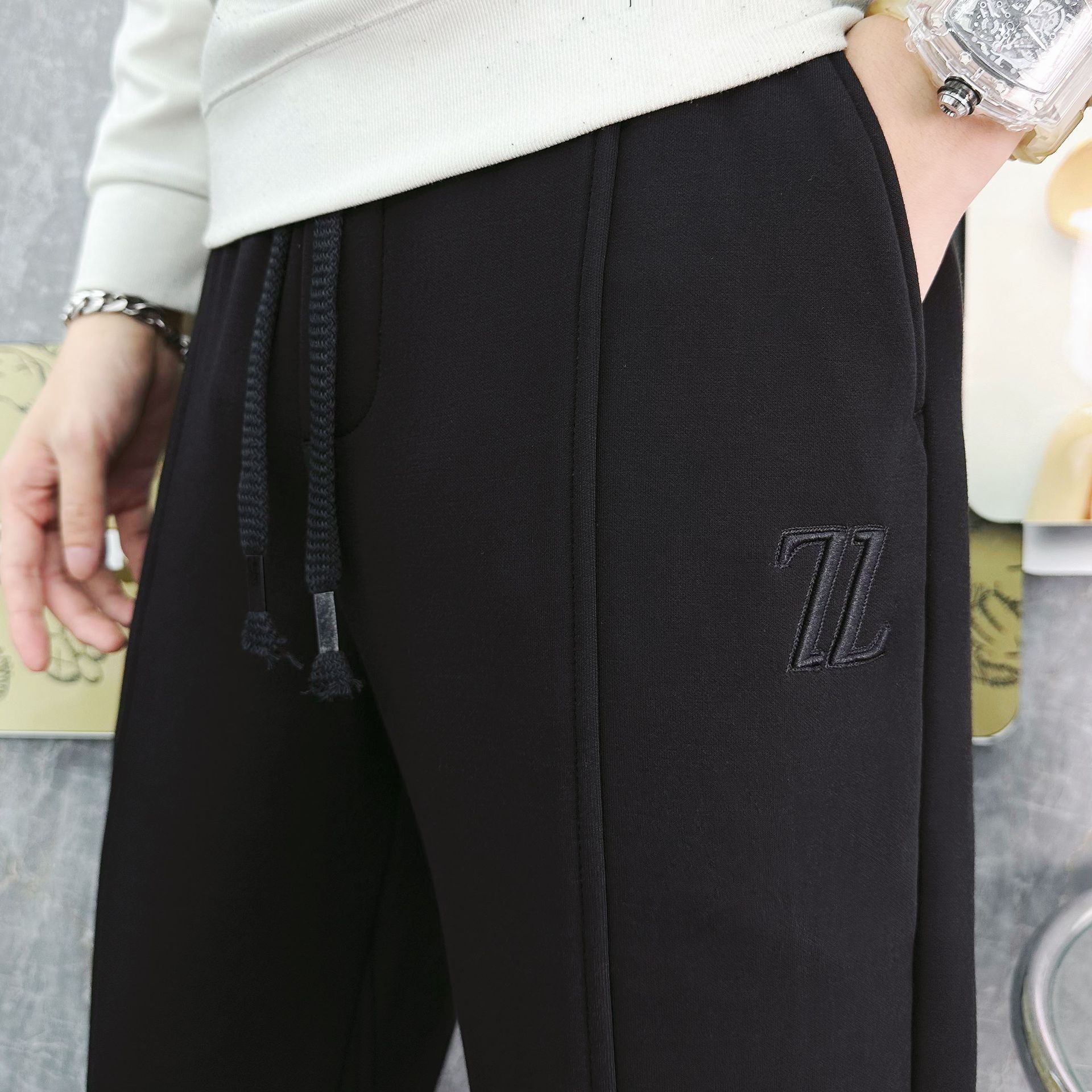 Fleece casual sweatpants for men, spring and autumn loose tight-fitting pants, autumn drawstring stretch knitted sport pants, thickened