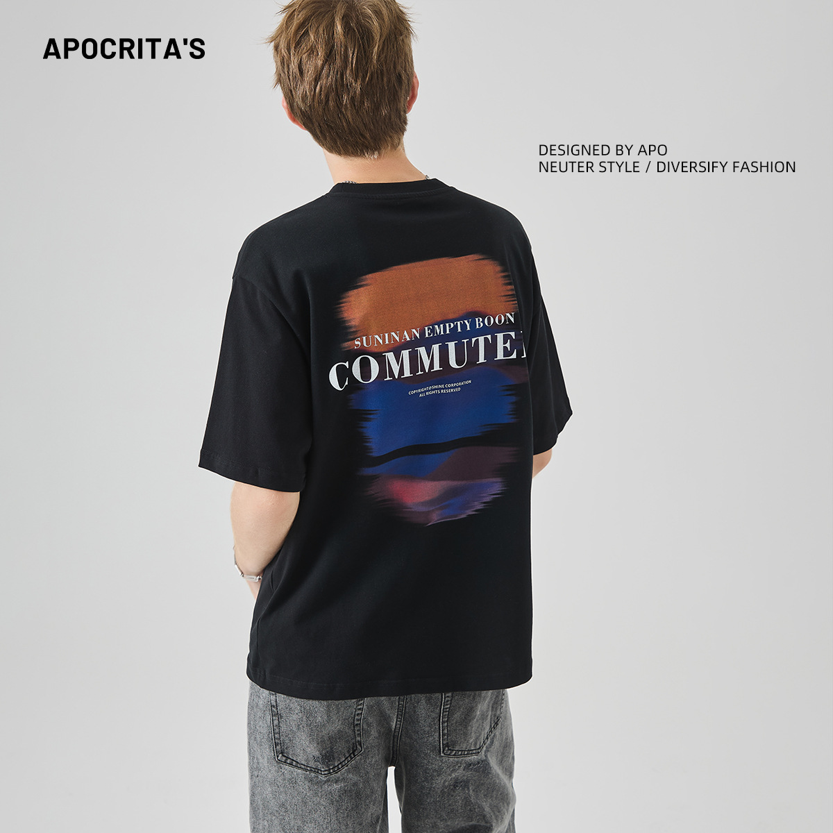 APO men's Wear: Pure cotton printed short-sleeved T-shirt for men, a loose and versatile light luxury trendy brand for summer, breathable inner layer top details Picture