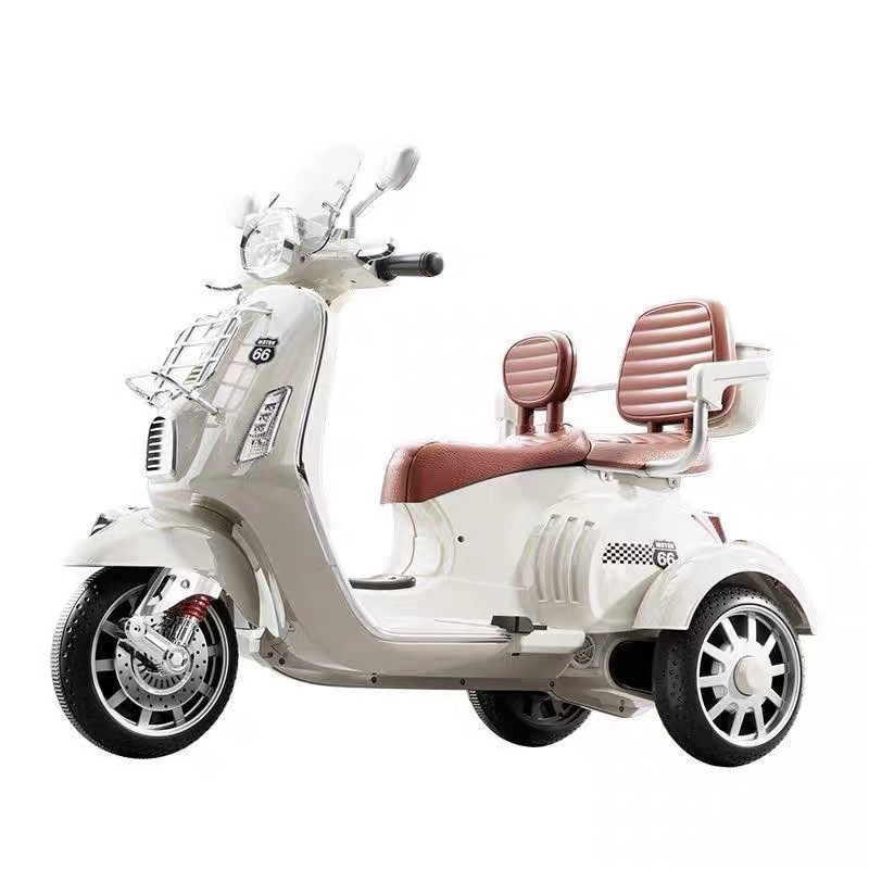 儿童电动摩托车三轮车可坐人双座遥控电动车男女小孩电瓶车玩具车白底实物图