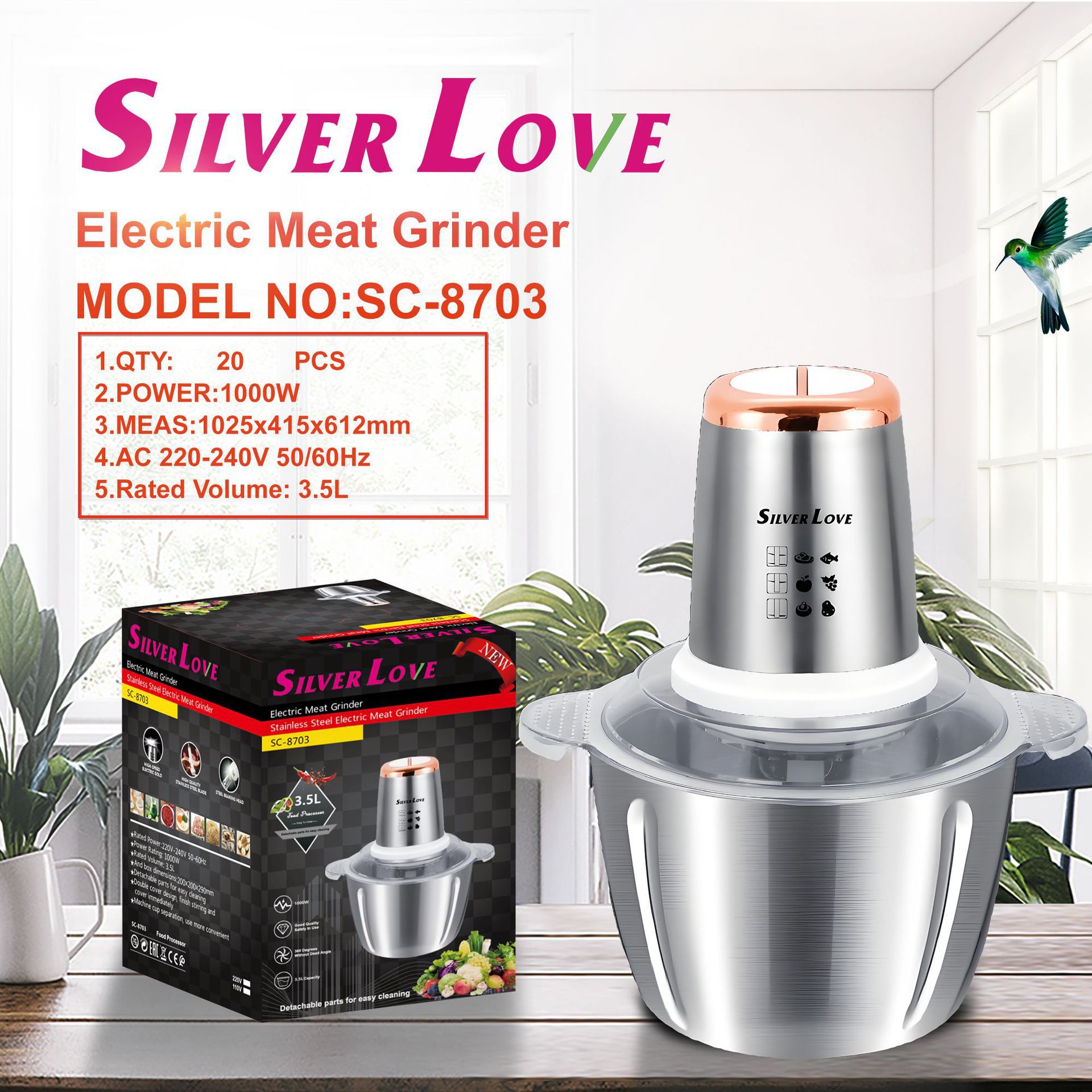 外贸出口 欧规绞肉机 家用不锈钢电动料理机多功能厨房碎肉机3.5Lz209