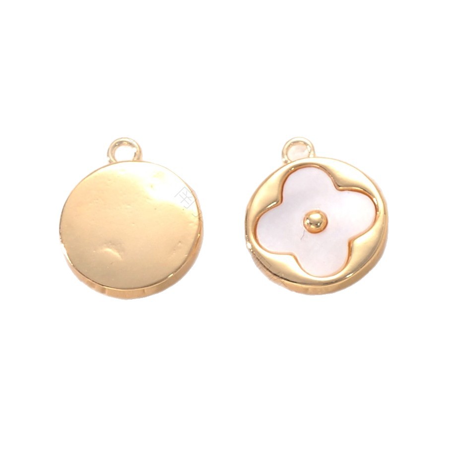 Copper-plated 18k gold color-preserving pearl necklace pendant, white shell four-leaf clover round plate high-end DIY jewelry accessory Item Picture