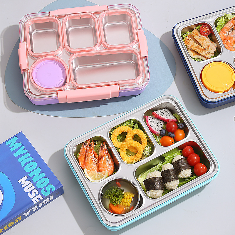 A stainless steel insulated lunch box with multiple compartments for students to bring their own meals. It is a specially designed lunch box with independent compartments and sealed to prevent odors from crossing details Picture