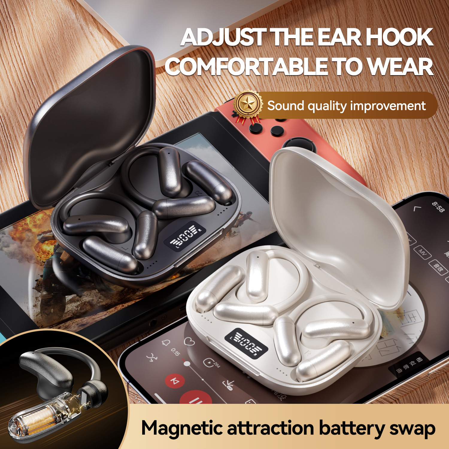 M143 Replaceable Battery OWS Open Bluetooth Headphones, a cross-border bestseller with a non-in-ear rotating spare battery details Picture