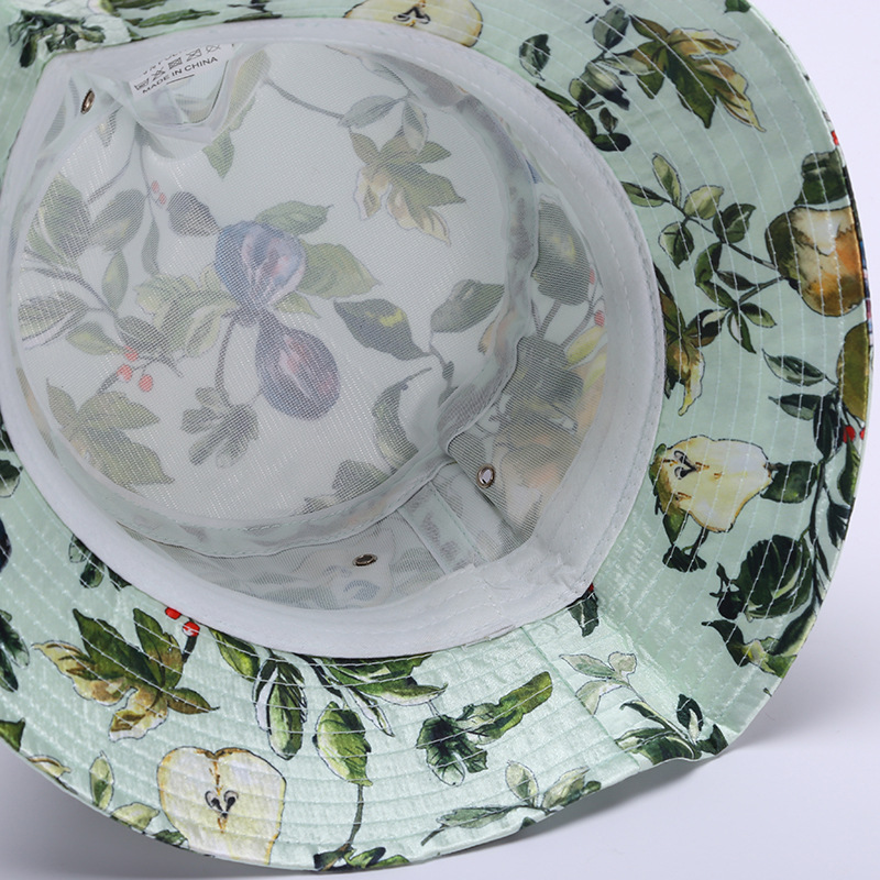 A custom-made printed floral imitation silk fisherman's hat, a fashionable outdoor outing flat-topped wide-brimmed windproof basin hat Item Picture