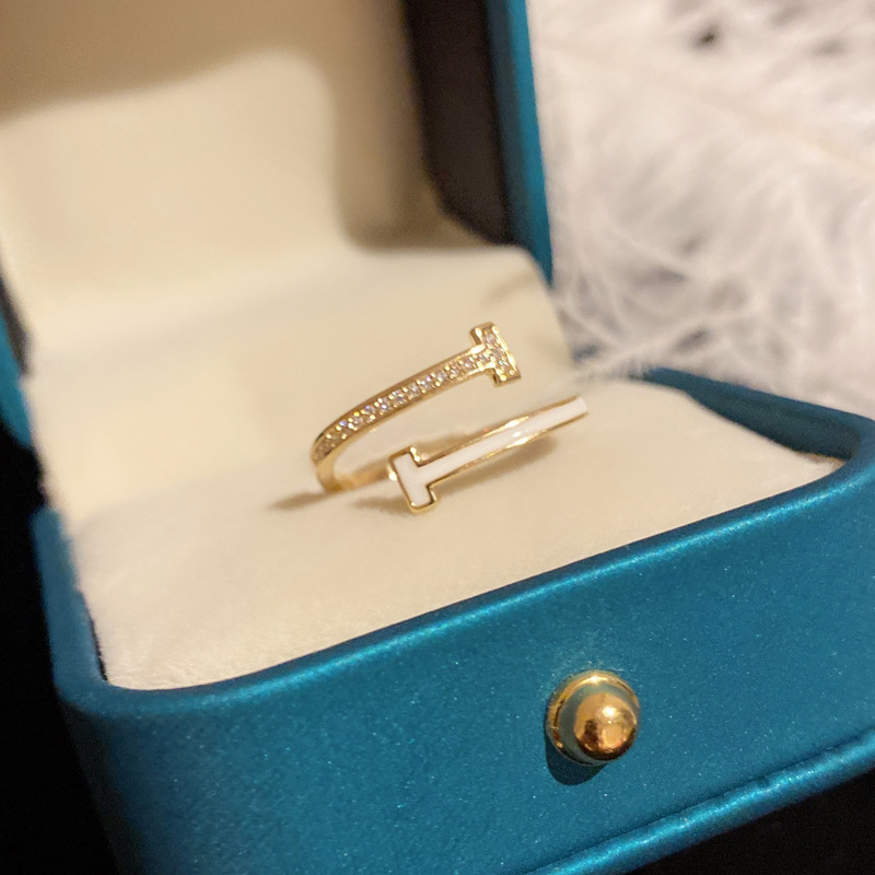 Double T oil-dripping open ring, women's diamond-encrusted, light luxury, cold style, niche design, ins trendy fashion, versatile accessory for hair replacement