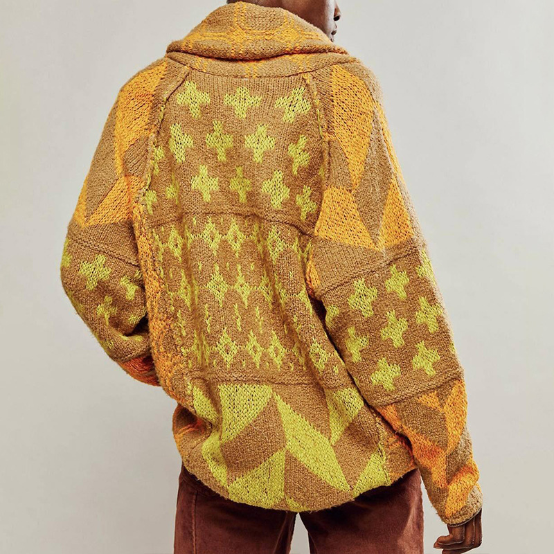 2024 Cross-border European and American Autumn/Winter new knitted sweater Y2K Abstract print lapel loose long-sleeved knitted sweater for women details Picture