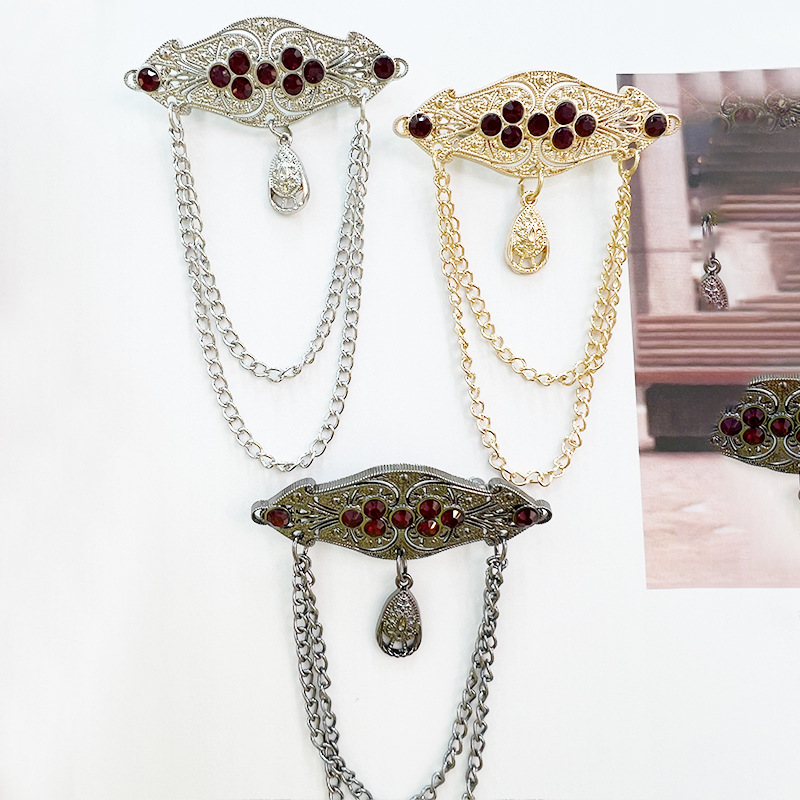 复古欧美风宝石合金链条胸针ins轻奢服装外套配饰英伦好搭别针潮