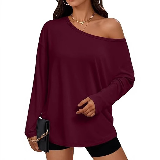 2025 New cross-border women's casual and fashionable slanted collar top knitted long-sleeved top from Europe and America Specification drawing