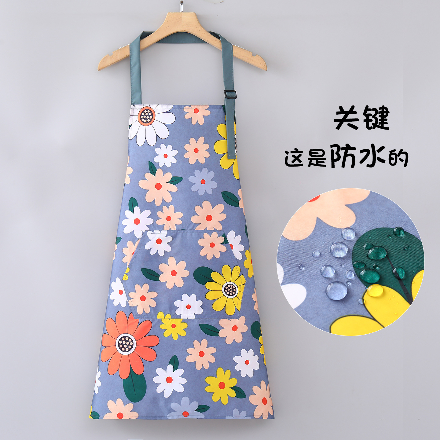 A long-sleeved fashionable women's apron with blue floral patterns Application Scenario