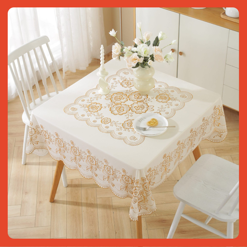 ✅厂家直销正方形PVC防水防油桌布 欧式蕾丝茶几台布烫金家用方桌