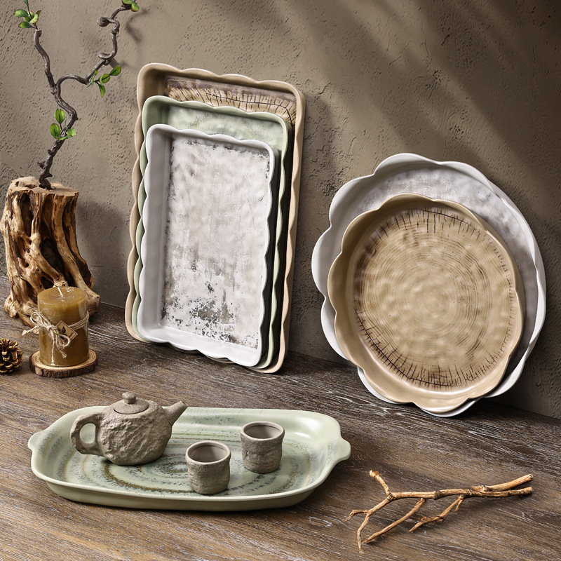 Mountain and field style melamine trays, household trays, living room tabletop, tea trays, storage trays, restaurant commercial trays wholesale