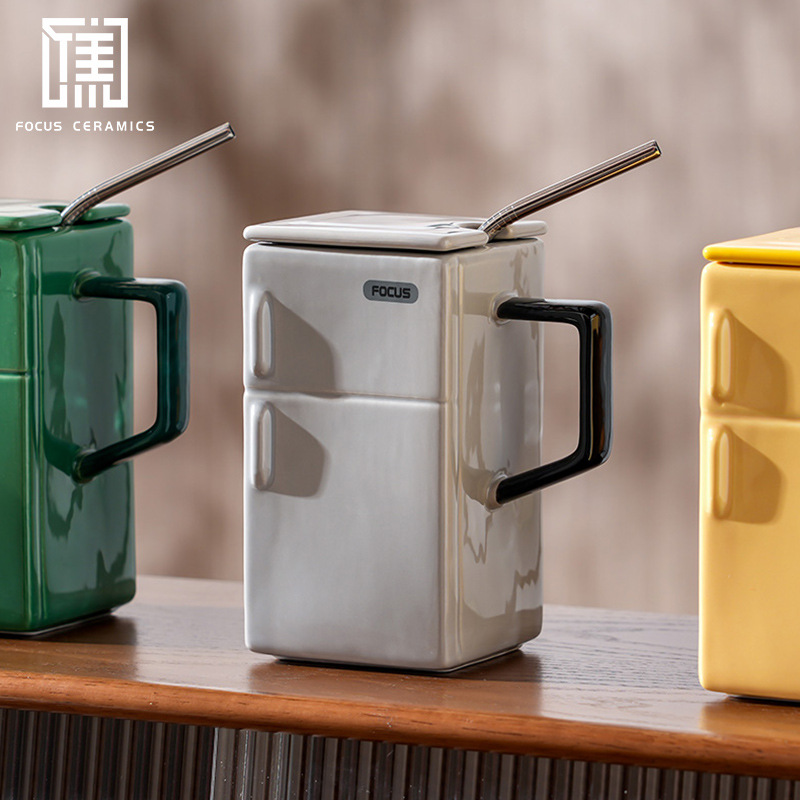 Creativo retro refrigerador con tapa pajita tazas de cerámica extravagante oficina pareja regalo taza de café details Picture