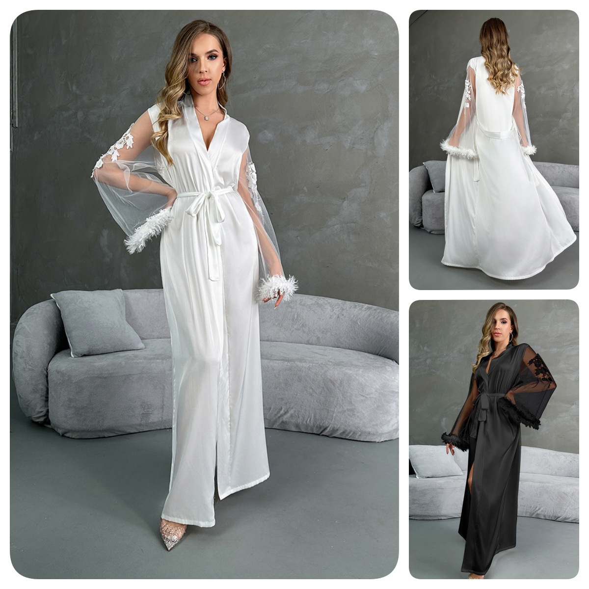 European and American cross-border satin mesh sleeved long bathrobe for women, lace feather cuffs, tie, multi-color home wear 765