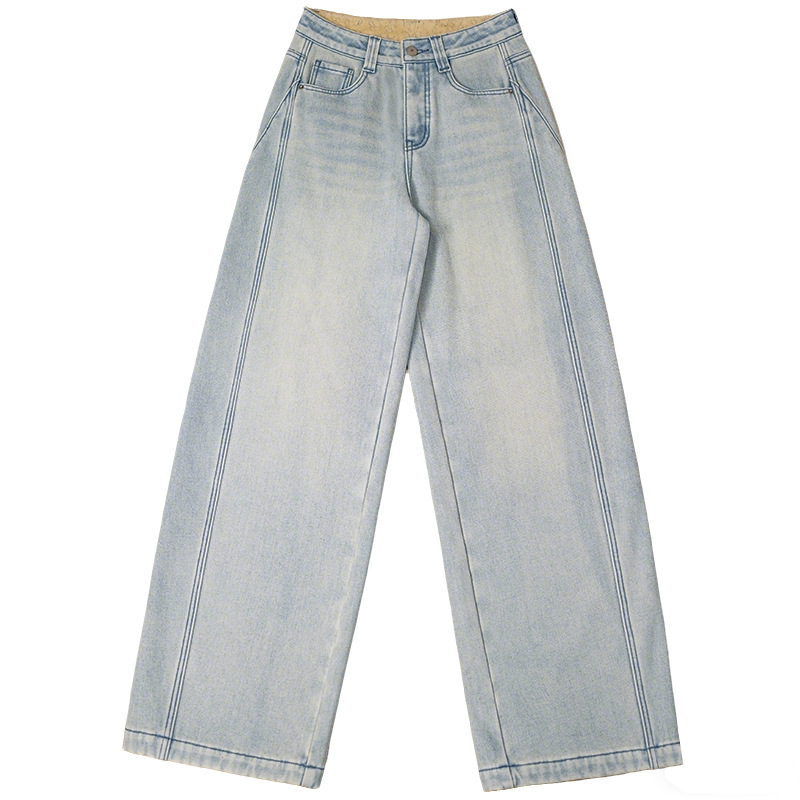 Factory direct sales of new winter fleece and thickened soft jeans for women, retro light blue patchwork loose casual sickle pants Item Picture