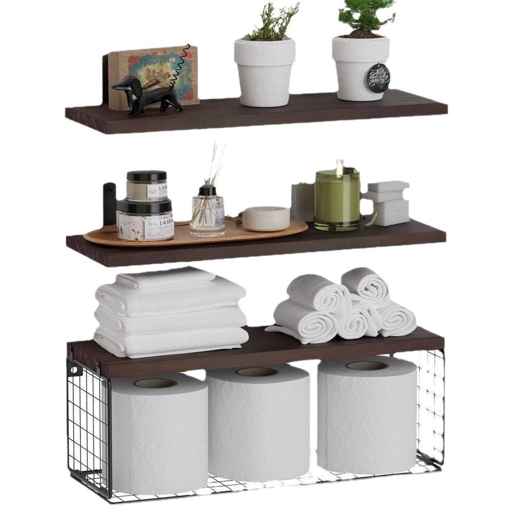 Cross-border wooden wall-mounted suspended rack, multi-layer floating partition rack on bathroom wall, wooden toilet with paper storage basket Item Picture