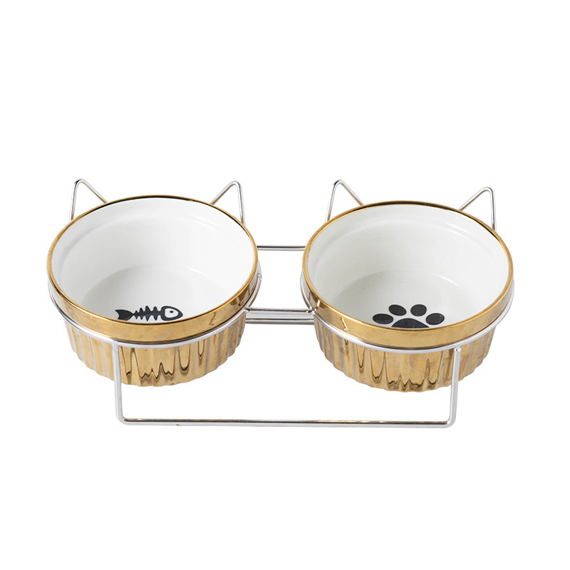 Gold-plated ceramic pet cat bowl, double bowl for cervical vertebrae protection, dog bowl, cat basin, cat food bowl, food bowl, rice bowl, stainless steel bowl stand Item Picture
