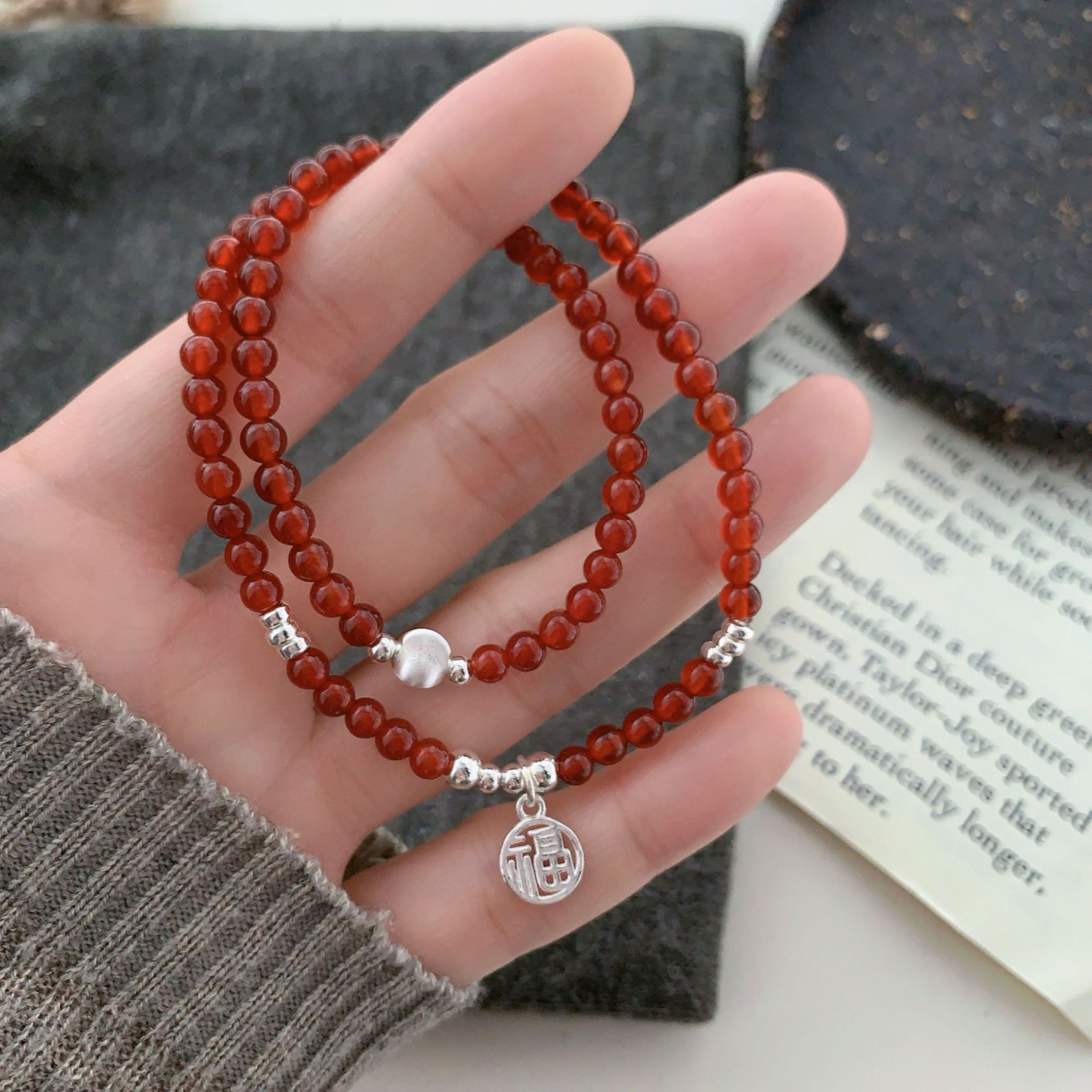S925 sterling silver 11.27 Fupai red agate cat eye bead bracelet for women, a new Chinese-style niche high-end double-loop bracelet