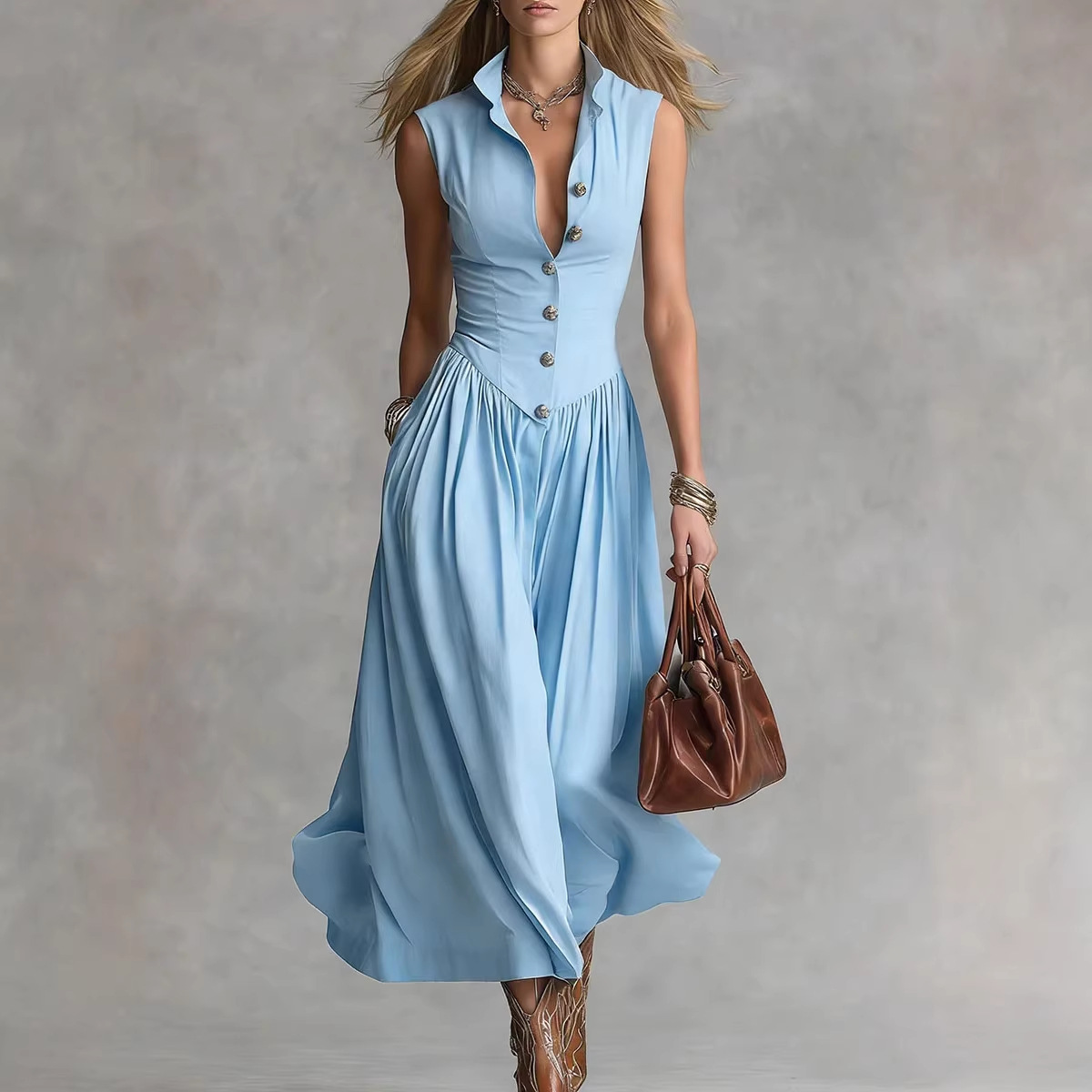 Spring 2026 new French style elegant and goddess-like, slimming and slim, long sleeveless dress with lapel for women Specification drawing