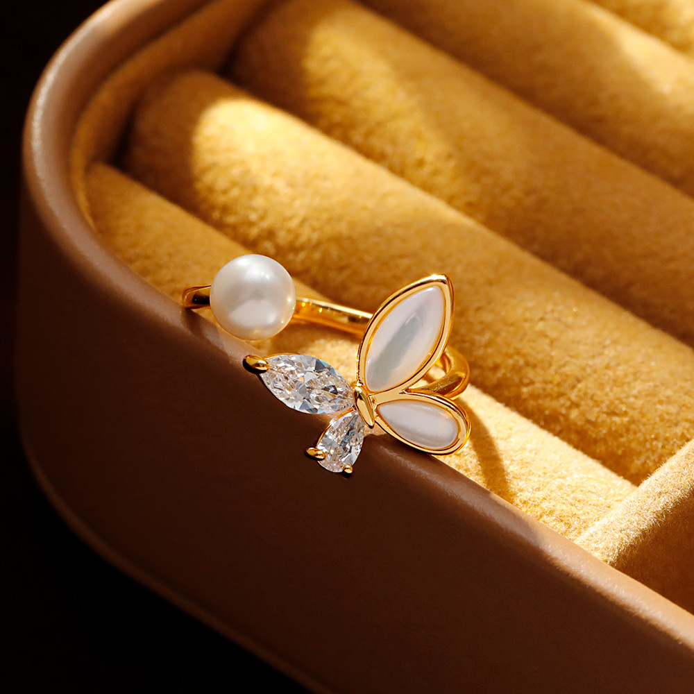 Hyacinth时尚轻奢蝴蝶贝壳锆石开口戒指女款小众设计感百搭食指戒抖音爆款