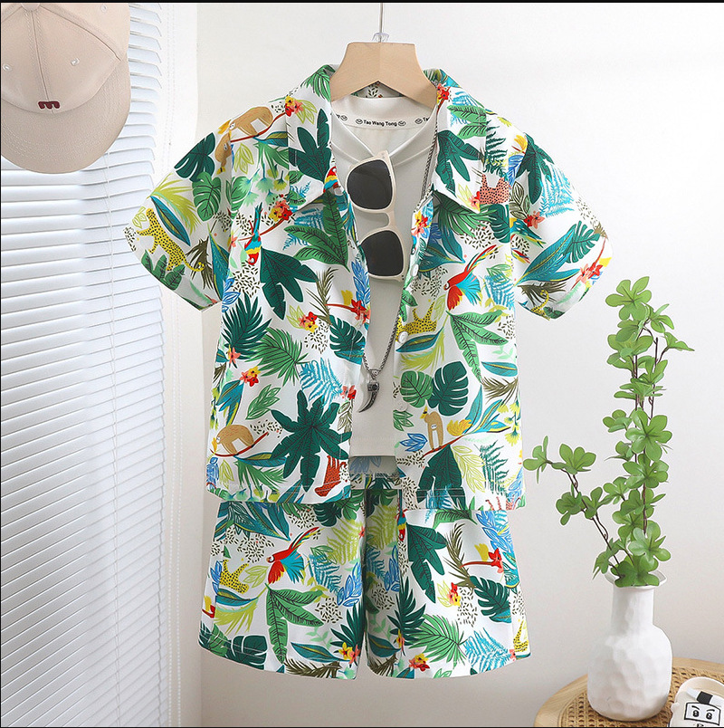 New boys' lapel short-sleeved suit, two-piece sand beach Hong Kong-style printed shirt set, summer thin vacation floral shirt Item Picture