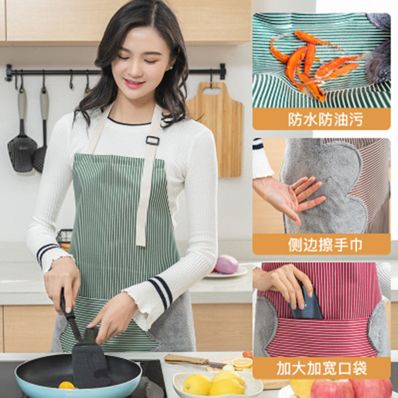 The side of the home waterproof apron can be used to wipe hands. It is suitable for household chores and cooking. It is a waterproof, oil-proof and dirt-resistant cover for home use and a kitchen apron details Picture