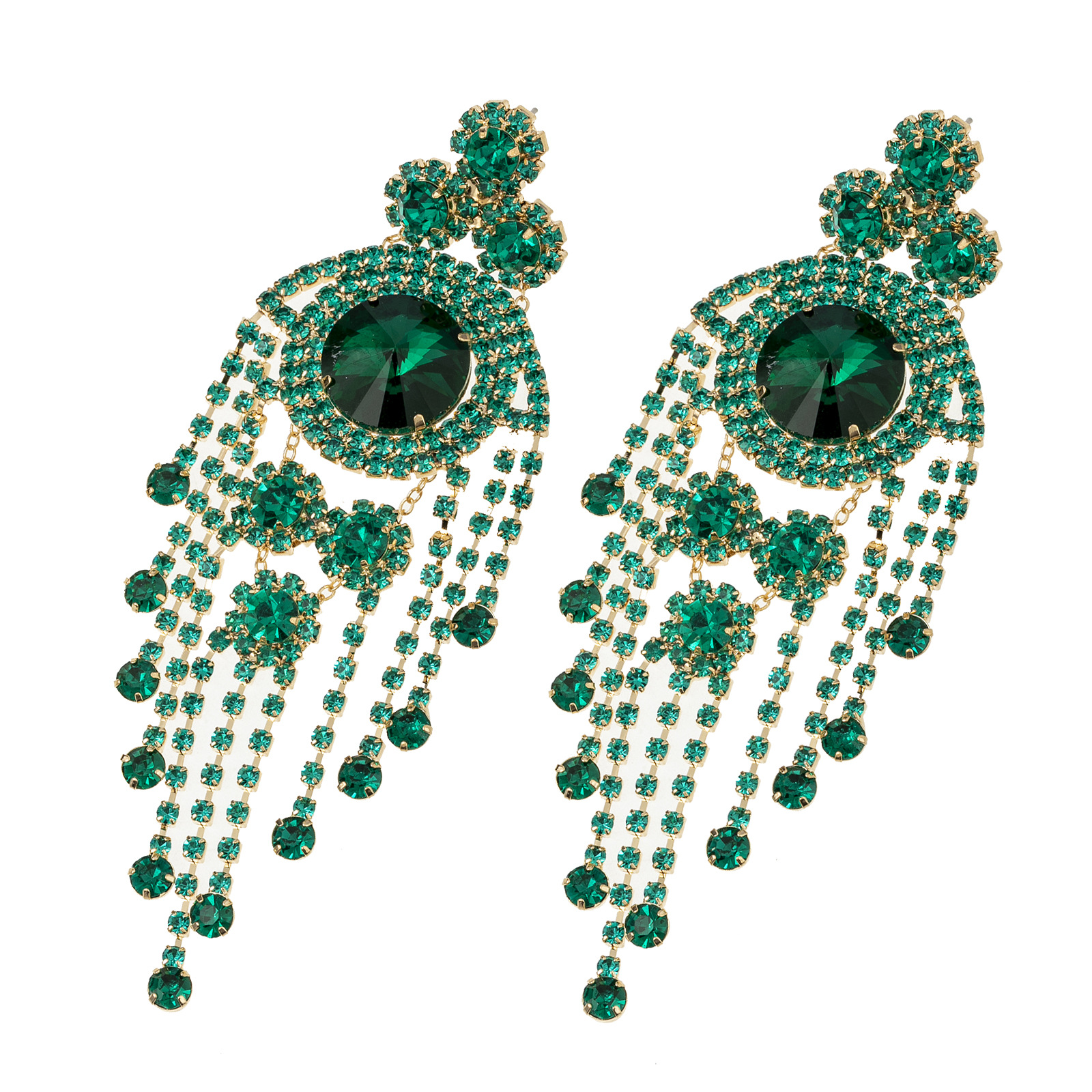 European and American luxury heavy industry colorful tassel earrings, exaggerated and gorgeous water diamond earrings, long women's style, elegant and trendy, individual geometric full diamond earrings, cross-border wholesale Item Picture