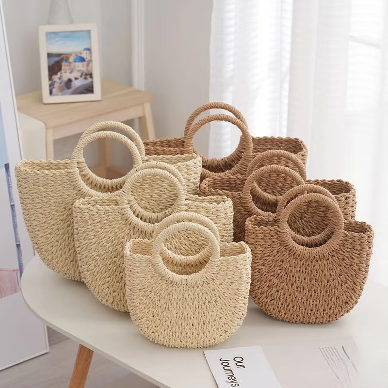 Cross-Border Straw Weaving Bag, Bohemian Shell Moon Bag, Hand-Woven Eco-Friendly Shoulder Strap, Elegant Goddess, Versatile Mobile Phone Makeup Bag, Hand-Woven Straw Weaving Bag