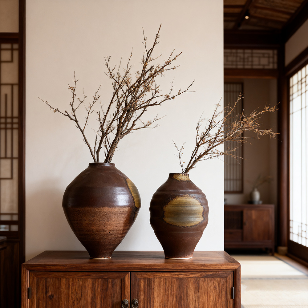 2026风宋式美学陶瓷花瓶手绘拼色图案装饰摆件酒店民宿插花古典