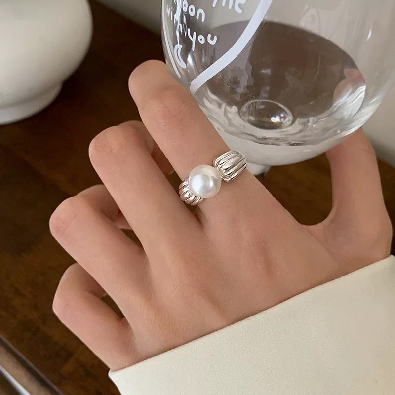 s925纯银11.15天然贝壳珍珠戒指女小众设计气质高级感开口指环可调节