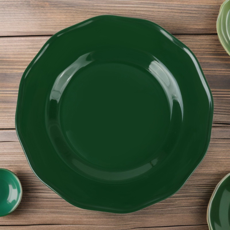 Wholesale of melamine tableware, dark green imitation porcelain, high-end round plates, flat plates, plastic plates, vegetable plates and round plates for foreign trade full figure