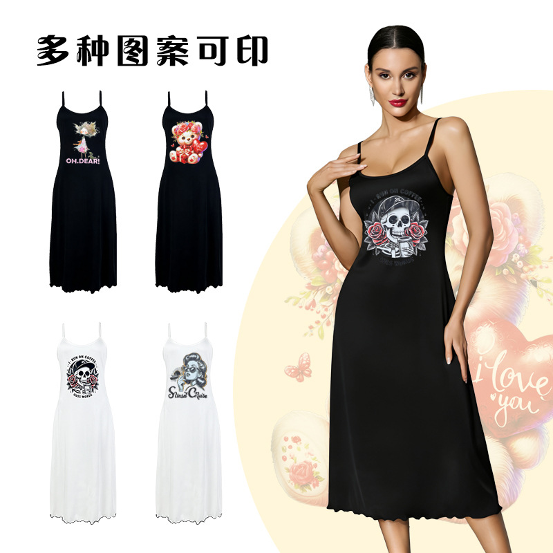 Milk silk skin-friendly halter long dress for women. Multiple patterns to choose from. Printed black and white ear trim. Home wear and sleeping dress 930