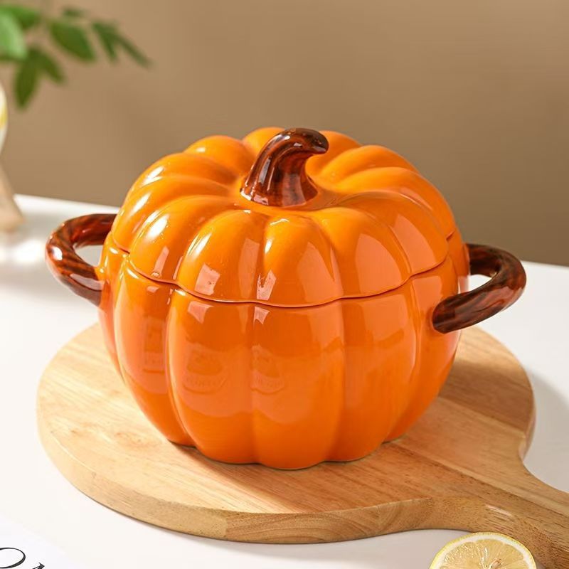 500ml陶瓷汤碗带盖创意南瓜盖碗家用双耳面盖碗