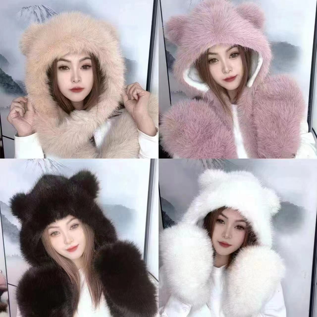 Winter little fox ears 貉子 Fur hat, women 's scarf, warm, fleece, thickened scarf, gloves two-piece set