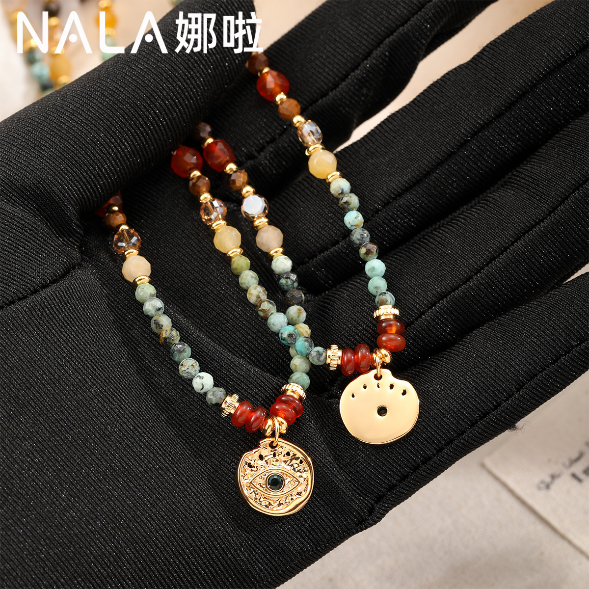 NALA娜啦新中式项链配饰女自然石串珠恶魔之眼吊坠项链轻奢小众产品图