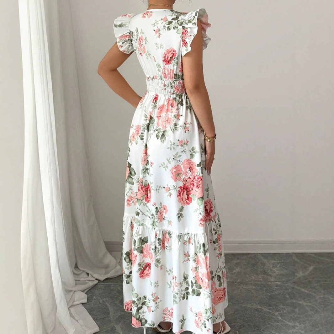 A new sleeveless Amazon European and American short-sleeved women's dress with fashionable and elegant style, featuring foreign trade printed lotus leaf sleeves details Picture
