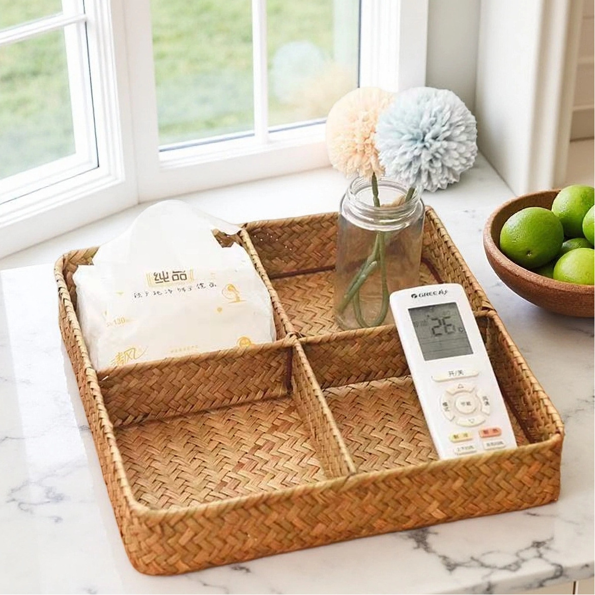 桌面收纳筐四格方形藤草草编收纳编织盒客厅零食杂物篮美妆收纳盒