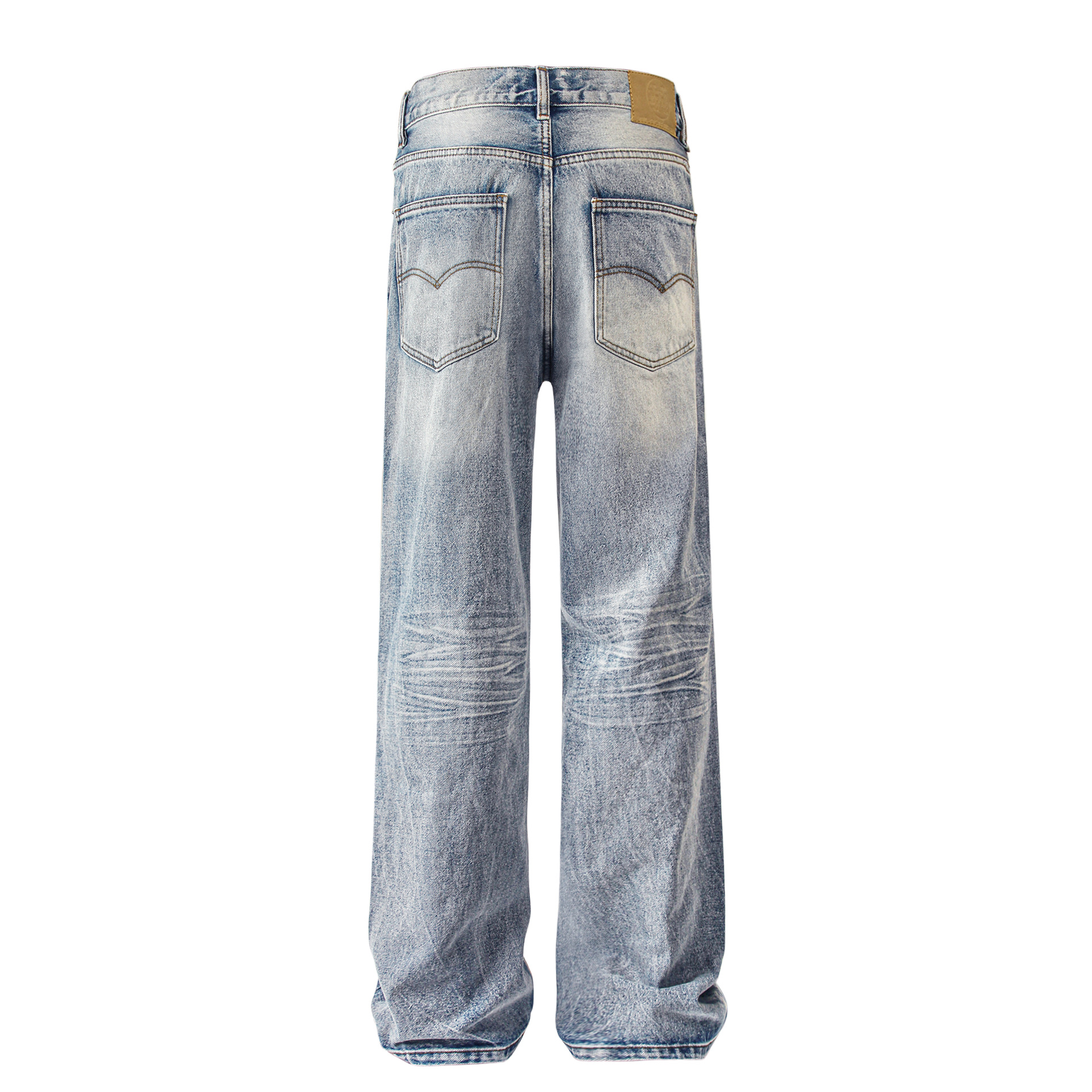 In the autumn of 2025, American-style washed distressed cat beard light blue jeans for both men and women, loose and versatile straight-leg long pants for cross-border use Item Picture