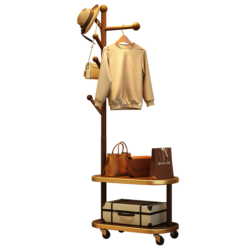 The 2025 new style of solid wood coat and hat rack for floor-standing bedroom, a vertical household double-layer elliptical disk for storing clothes and hanging bags Item Picture