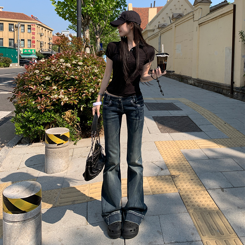 美式辣妹做旧低腰微喇牛仔裤女夏季新款修身显瘦百搭拖地喇叭裤女