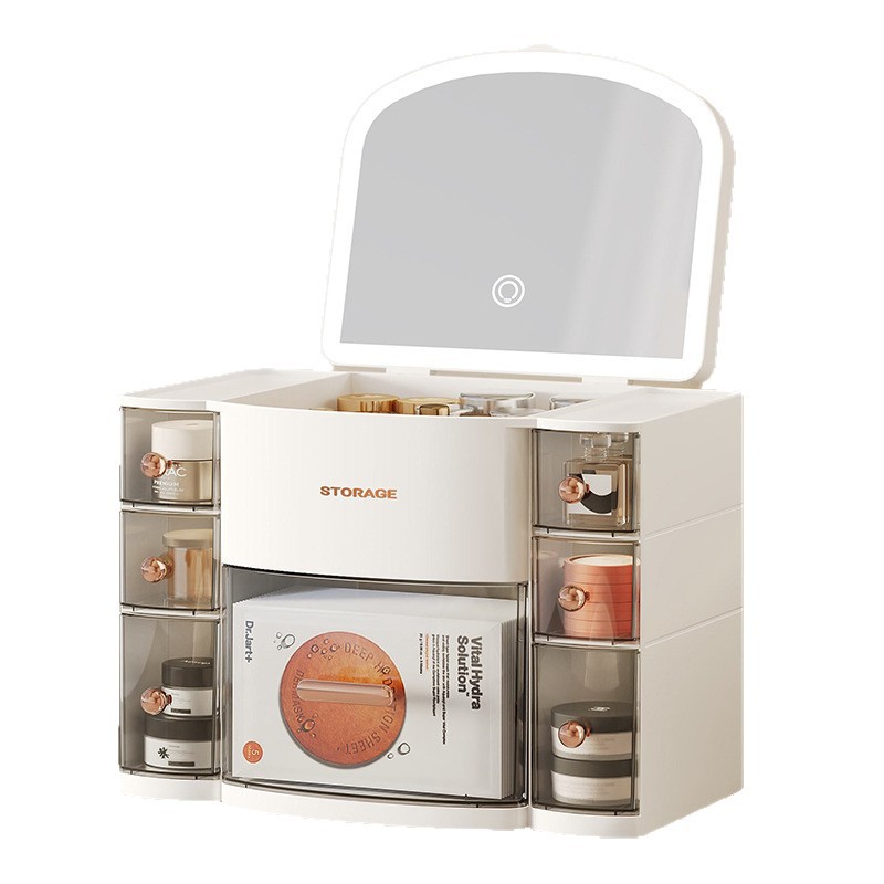 Cosmetics storage box with mirror, home dust-proof desktop, dressing table, multi-functional lipstick, eyebrow pencil, skin care products storage Item Picture