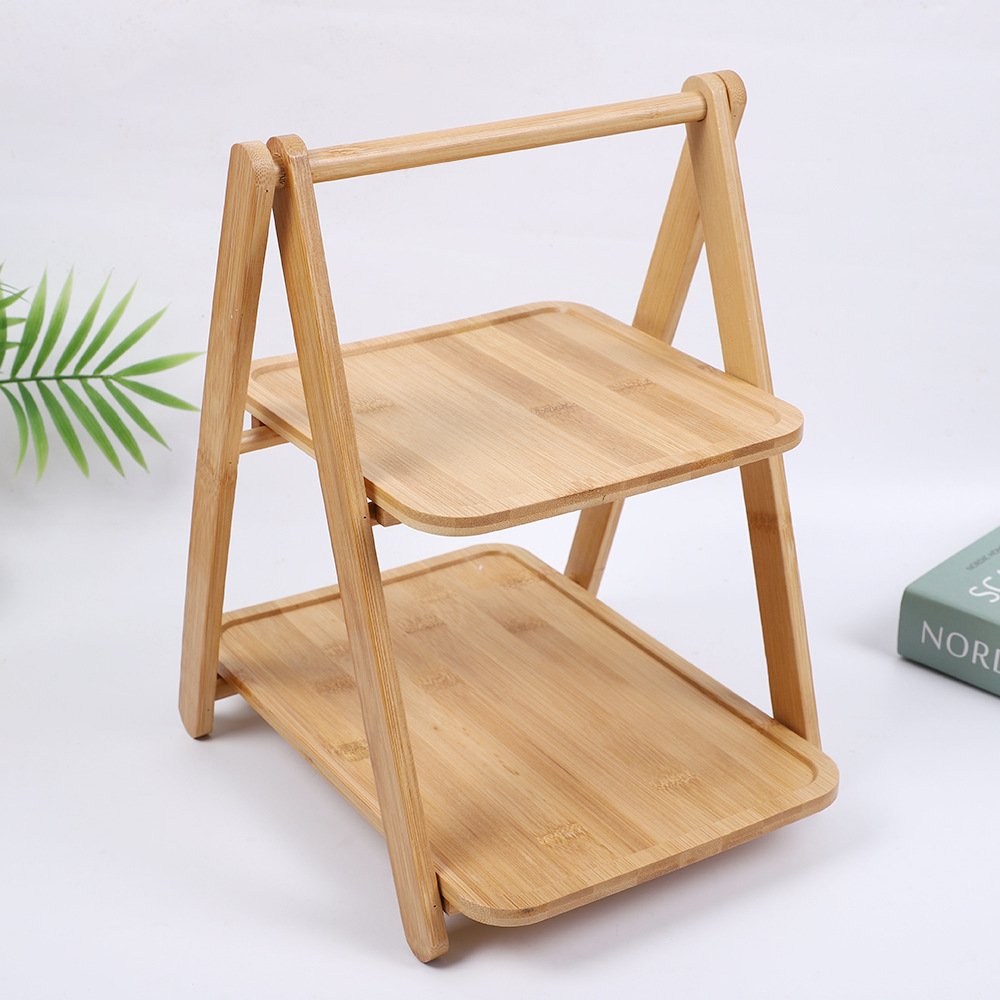 Double-layer bamboo and wood shelf, fruit cake, bamboo layered display rack, afternoon tea, dessert, sushi tray, pastry rack Application Scenario