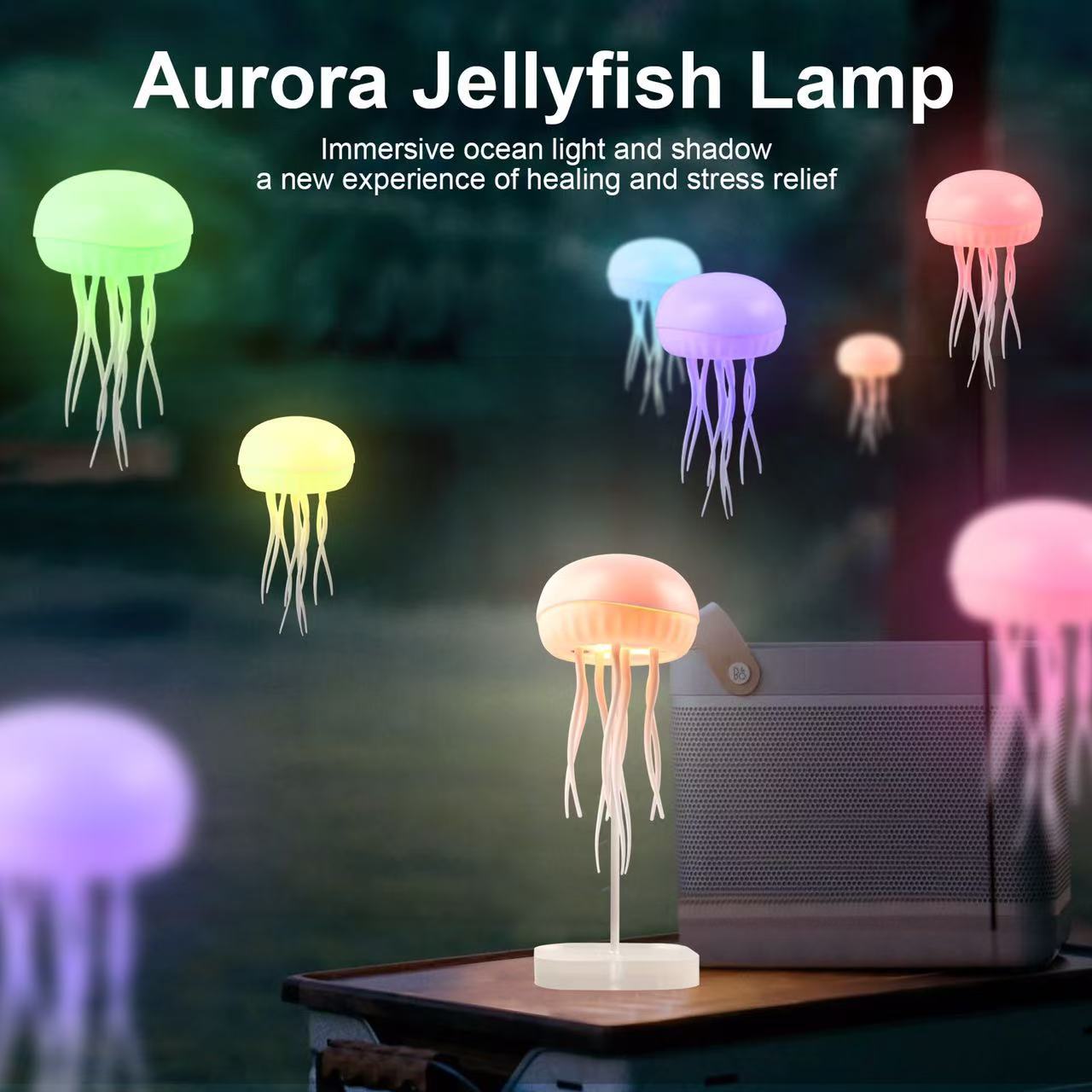 新款水母灯渐变游动悬浮灯感应氛围小夜灯创意新奇装饰桌面灯声控