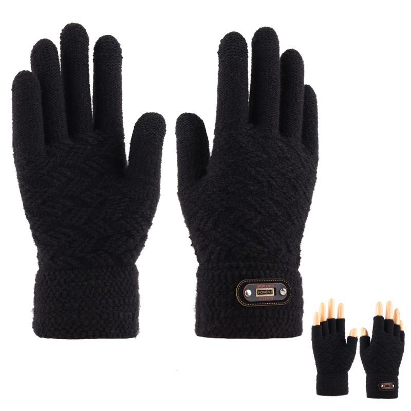 The manufacturer is clearing out knitted touch screen gloves. Winter men's full-finger Korean-style fleece thickened warm half-finger gloves details Picture