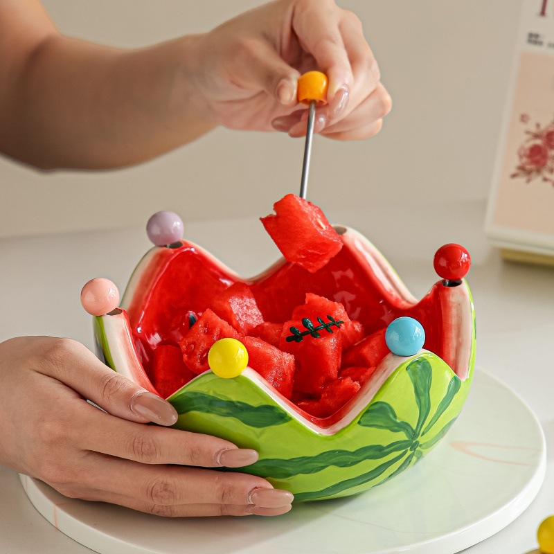 创意西瓜造型陶瓷果盘水果叉套装家用客厅茶几水果签甜品叉收纳碗