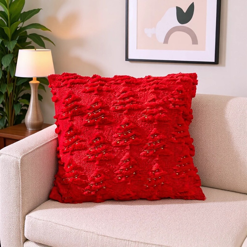 Árbol de navidad rojo almohada bordada peluche acolchada sofá festivo cojín decoración del hogar almohada details Picture