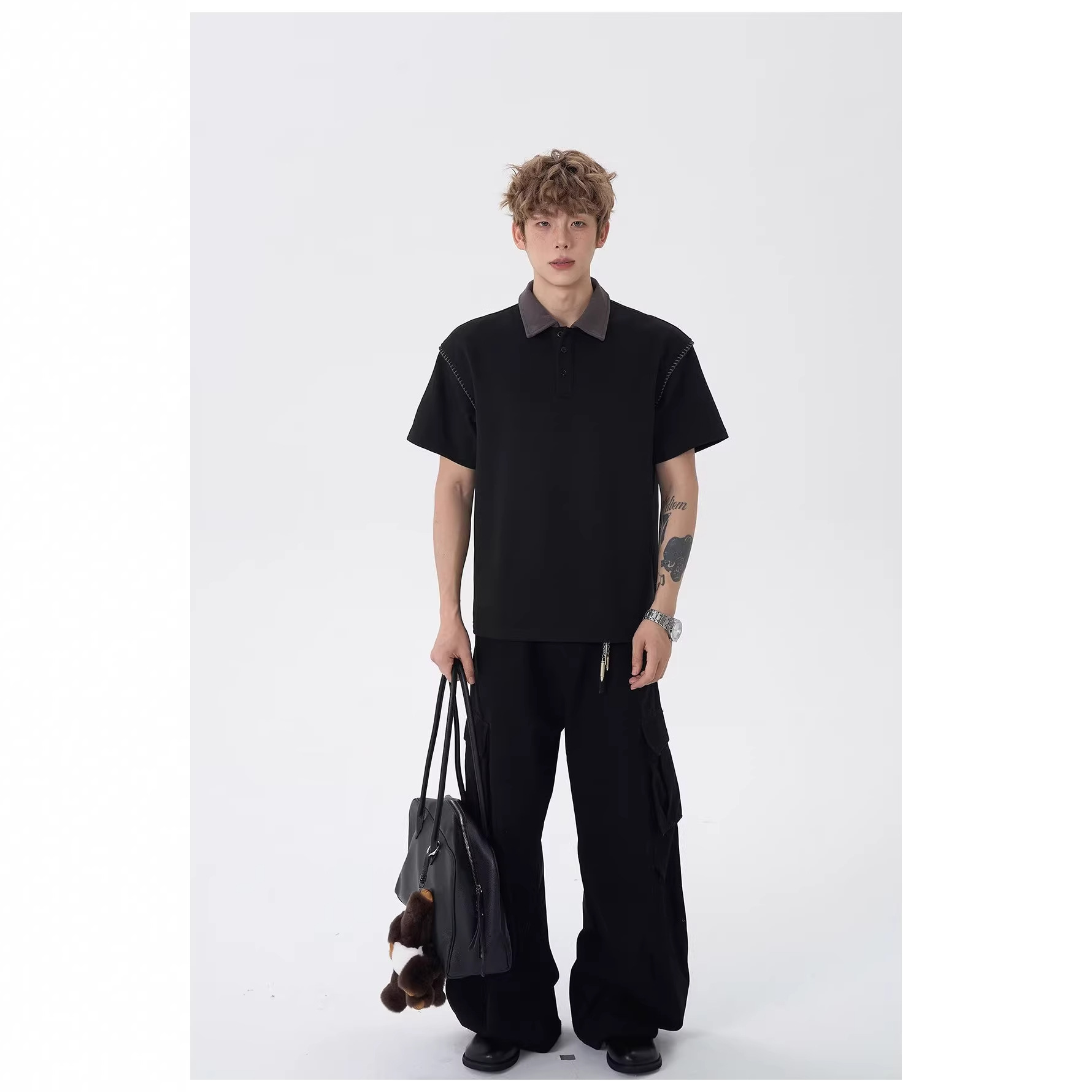 Spring loose patchwork, versatile design, casual and niche T-shirt top, American high-end short-sleeved POLO shirt for men