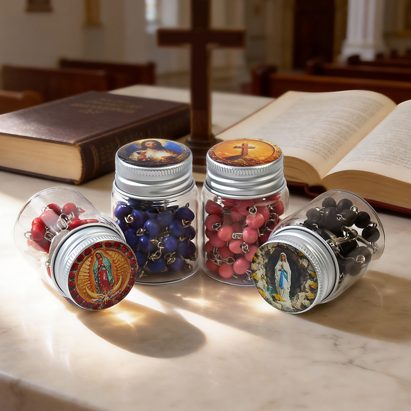 Cross-border rosary necklace, cross pendant, prayer, sealed storage, portioned bottles, religious church ornaments, glass bottles Specification image