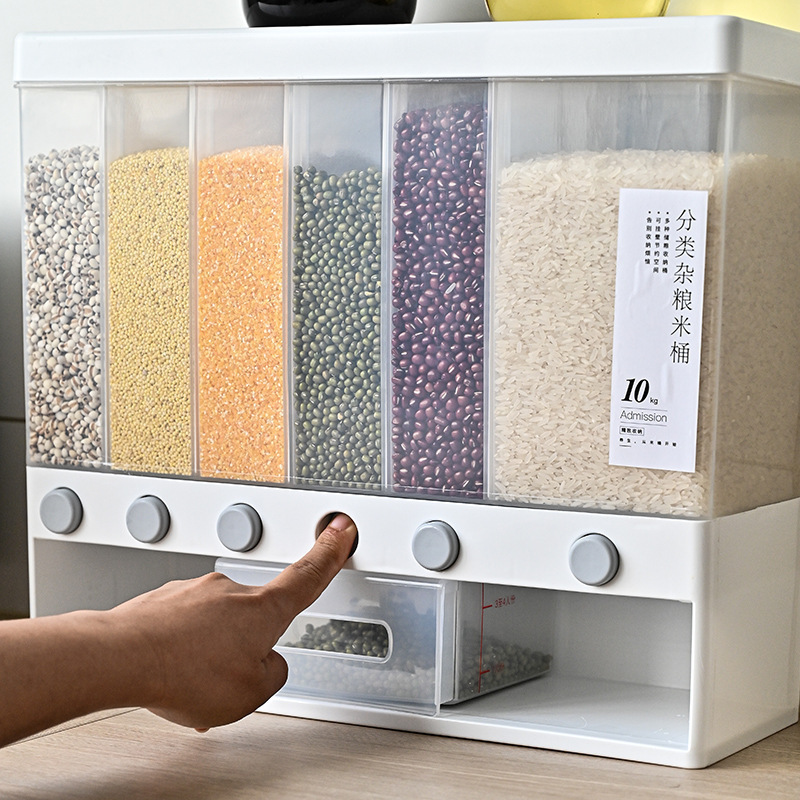 6-compartment household rice bucket, one-button press-type classified storage tank for grains and cereals, insect-proof and moisture-proof sealed food details Picture
