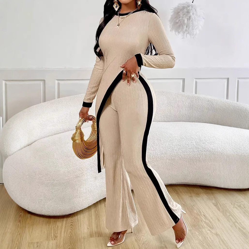 European and American cross-border 2025 Spring/Summer new women's fashion color-blocking long-sleeved side-slit T-shirt + patchwork long pants set details Picture