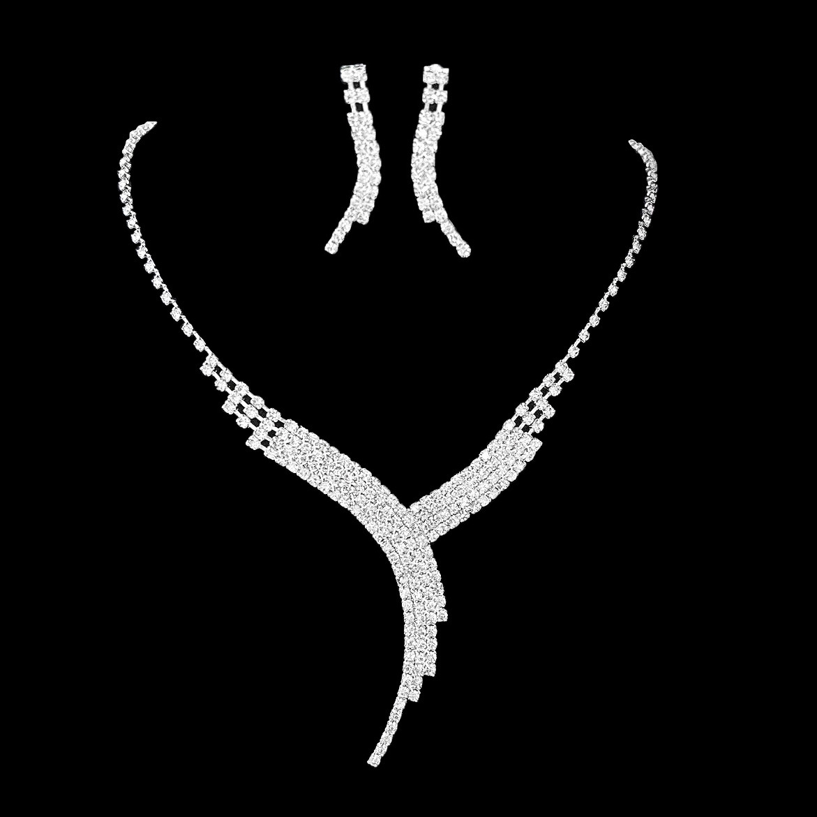 跨境时尚Y型项链耳环首饰套装女 满钻爪链高级锁骨链简约耳坠批发